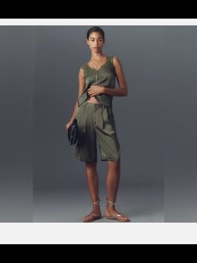 Anthropologie Olive Green Pleated Bermuda Shorts